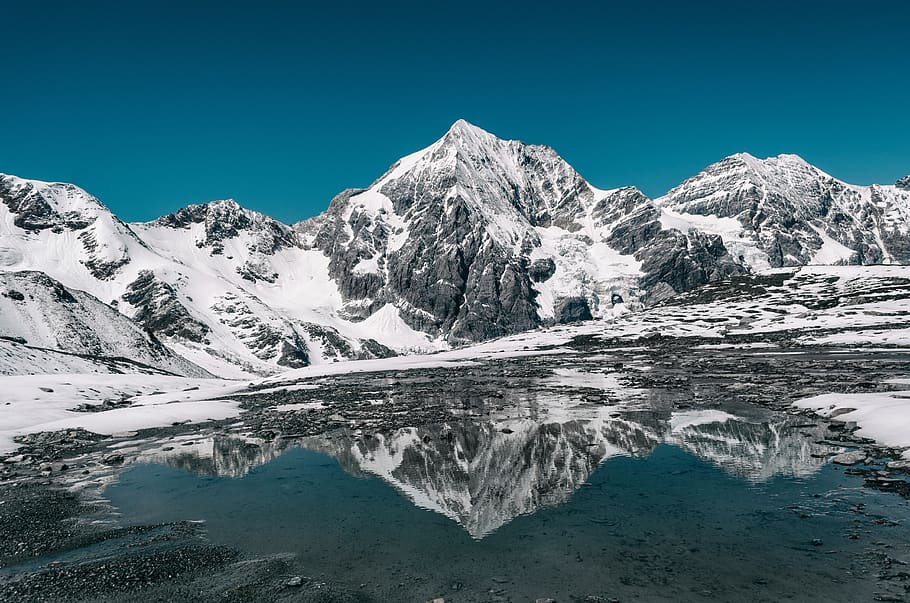 lake, water, reflection, snow, winter, landscape, rocks, mountain HD wallpaper