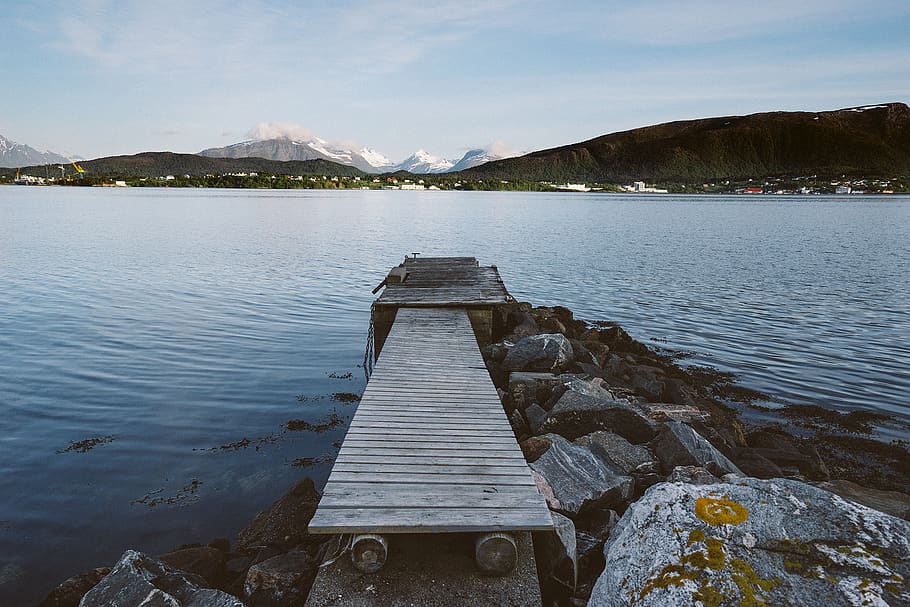 Dock by the Body of Water, jetty, mountain, rocks, scenic, sky HD wallpaper