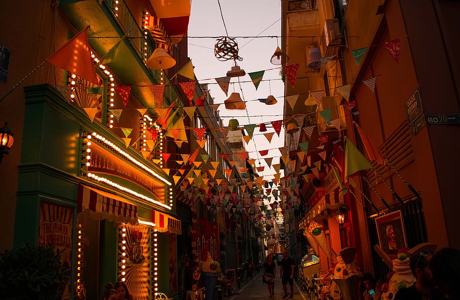 Colourful, live little street in Athens., colours, flags, carnival, HD wallpaper