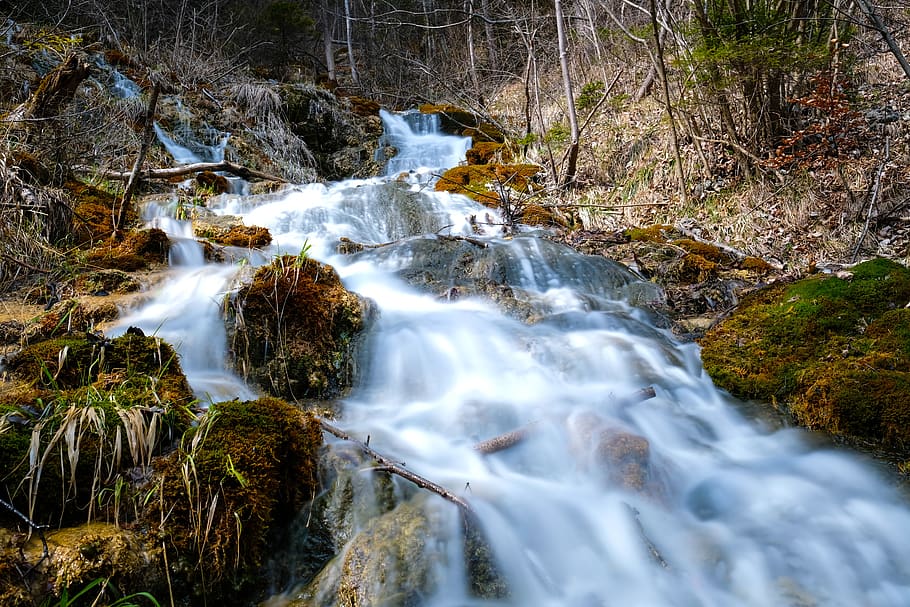 river, waters, waterfall, nature, wood, rock, movement, landscape HD wallpaper