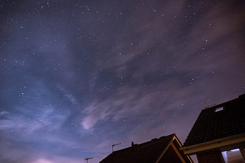 Grey Roofs Under Blue Starry Sky, astronomy, constellation, cosmos HD wallpaper