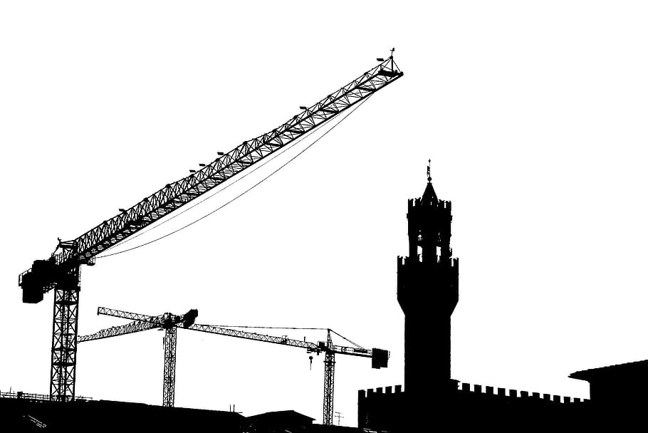 towers, florence, bell tower, crane, black and white, buildings HD wallpaper
