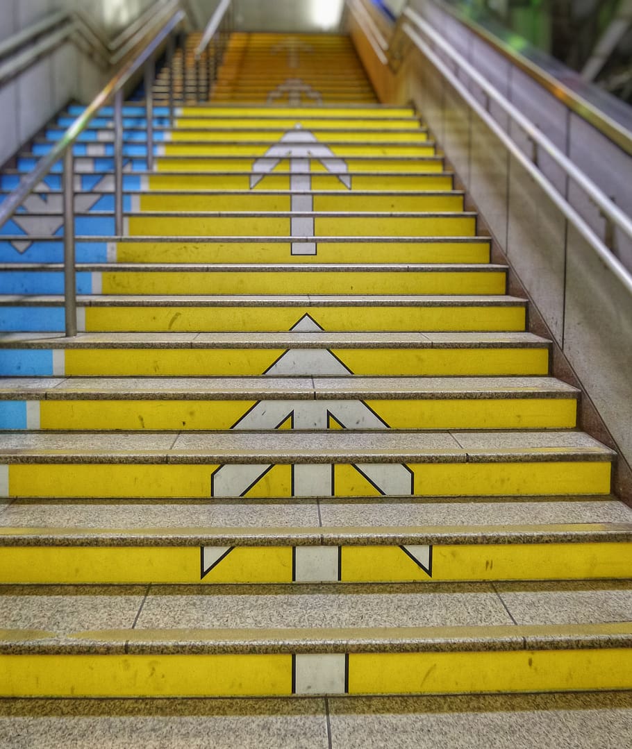 stairs, arrow, up, climb, upstairs, yellow, architecture, top, HD wallpaper