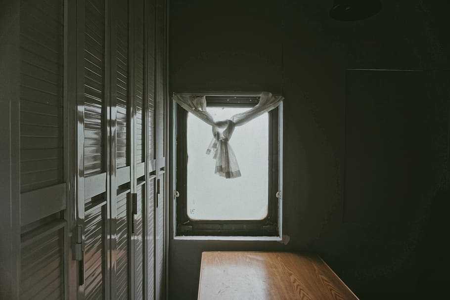 White Window, cabinet, curtain, dark, indoors, room, travel, wooden table HD wallpaper