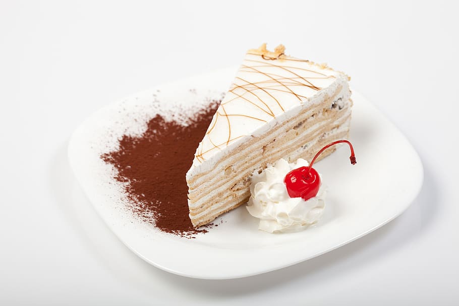 Slice of White Icing-covered Cake on Plate, baking, blur, cherry HD wallpaper