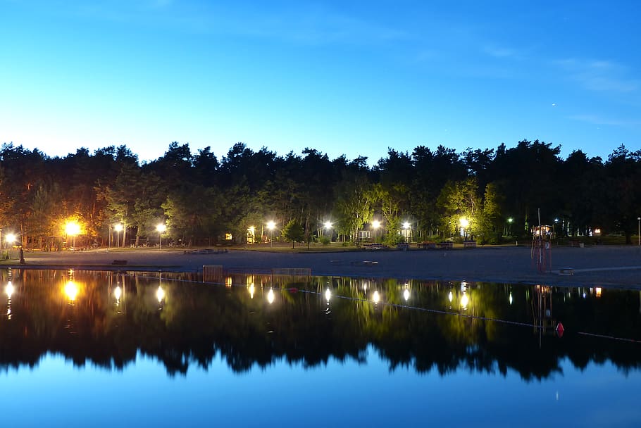 illuminated, water, reflection, tree, sky, lake, plant, no people HD wallpaper