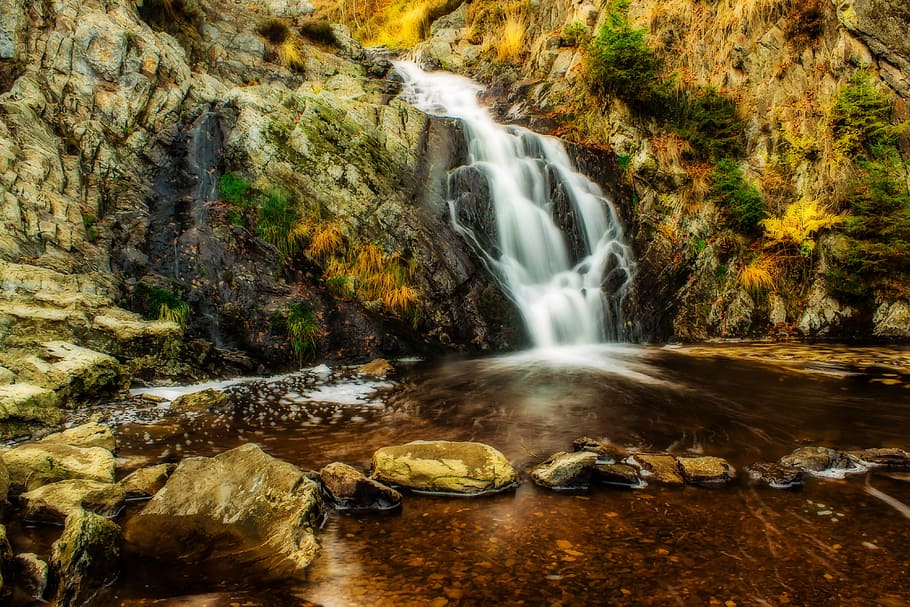 Green and Brown Waterfalls, autumn, cascade, creek, environment HD wallpaper