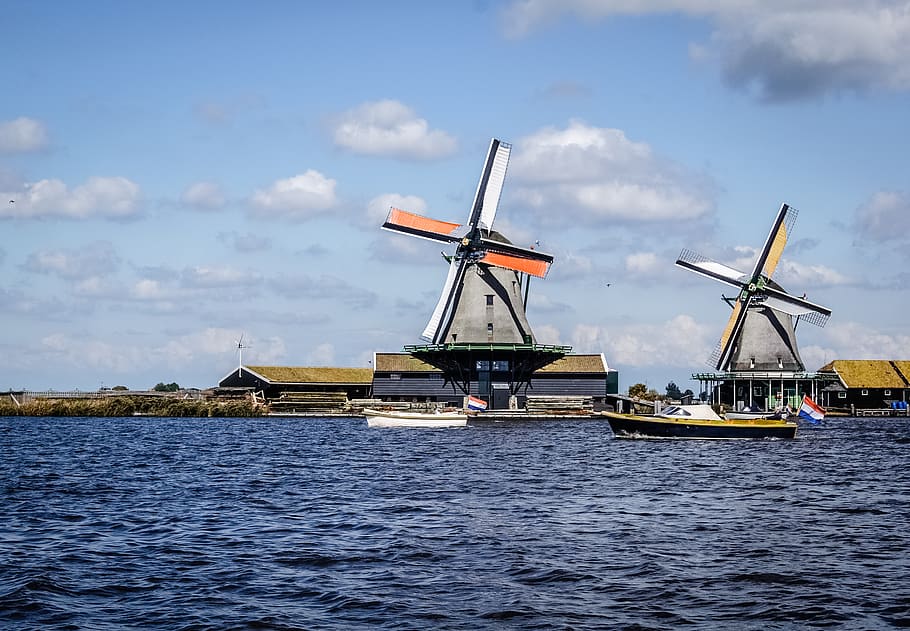 Two White Rice Mills, alternative energy, blue sky, boats, clouds, HD wallpaper