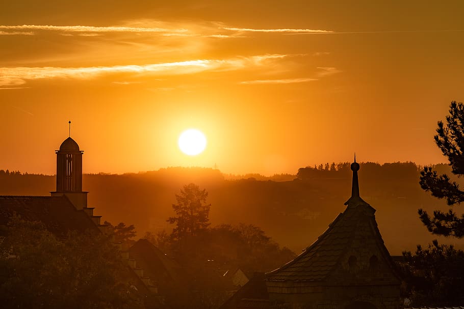 sunset, nature, city, backlighting, sunlight, orange, masonry HD wallpaper