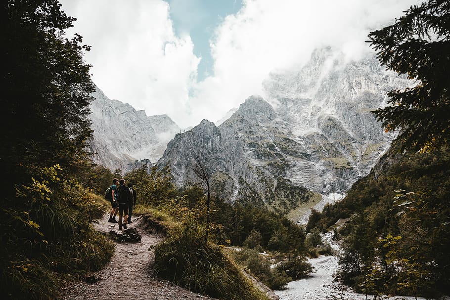 People Hiking Near Mountains, adventure, alps, clouds, cloudy HD wallpaper
