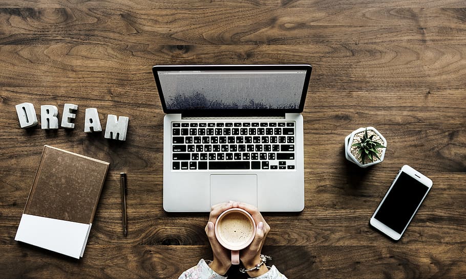 laptop, coffee, workspace, cellphone, iphone, notebook, plant HD wallpaper