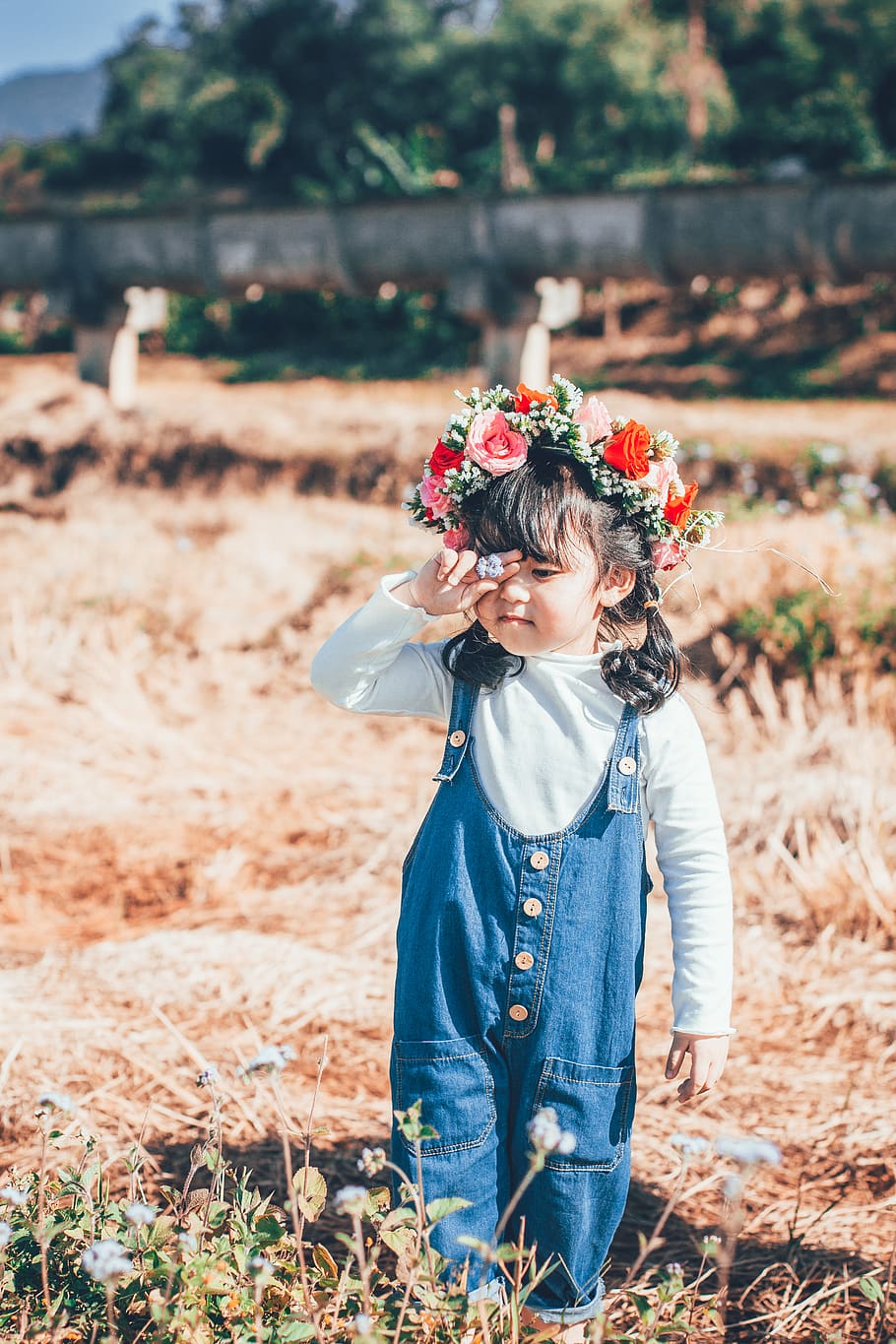 Little Girl Wearing A Flower Crown, beautiful, child, cute, field, HD wallpaper