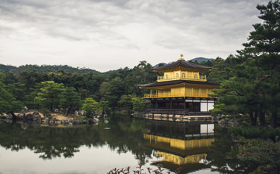 japan, trees, forest, lake, gold, ancient, temple, kyoto, sky HD wallpaper