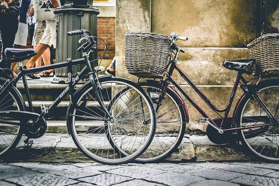 Two Black Bicycles Parting Near Wall, baskets, city, cityscape HD wallpaper