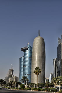 qatar, doha, architecture, travel, gulf, sky, skyline, water HD wallpaper