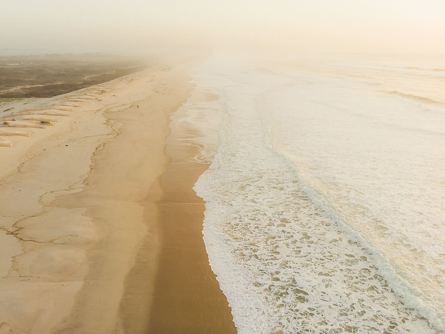sea waves crashing on seashore during sunset, sand, land, water HD wallpaper
