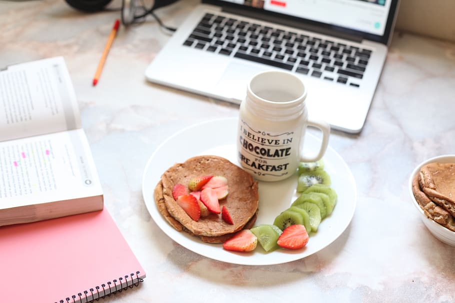 Sliced Strawberries And Kiwi On Plate Near Macbook, cup, delicious HD wallpaper