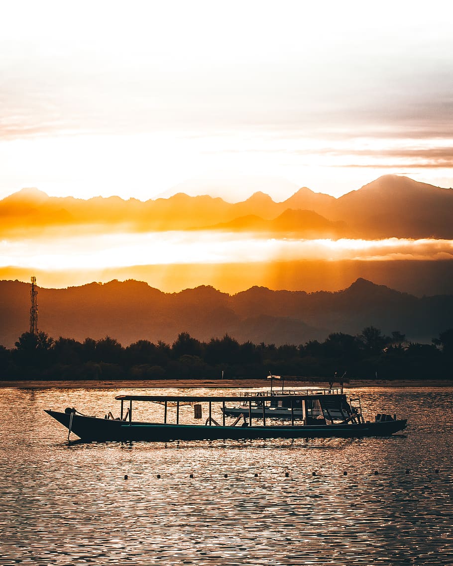 Boat On Body Of Water, dawn, mountain, ocean, sea, sky, sunrise HD wallpaper