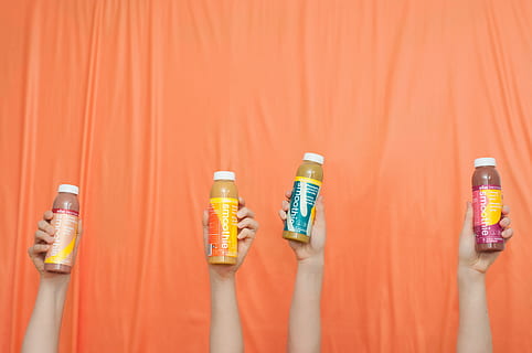 four smoothie bottles, drink, cosmetics, tin, dose juice, flavours HD wallpaper