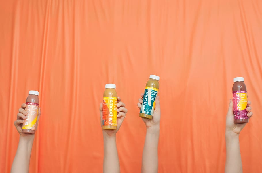 four smoothie bottles, drink, cosmetics, tin, dose juice, flavours HD wallpaper