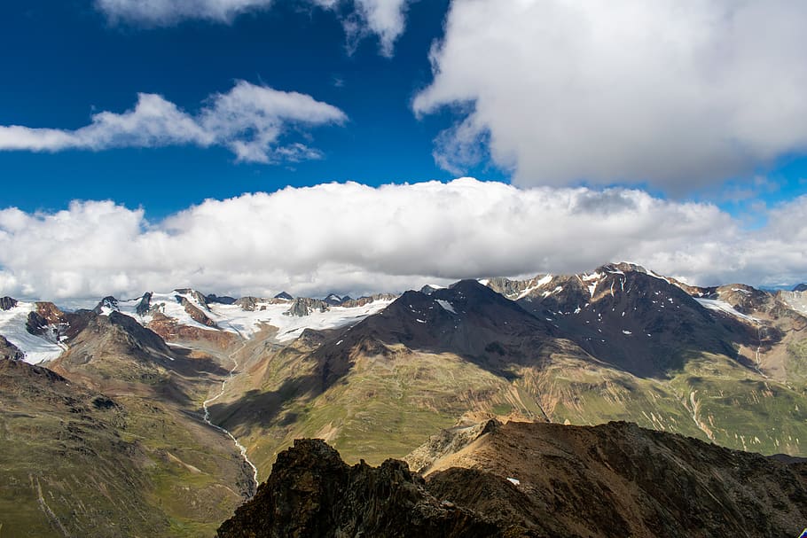 mountain range under cloudy sky, outdoors, nature, alps, crest HD wallpaper