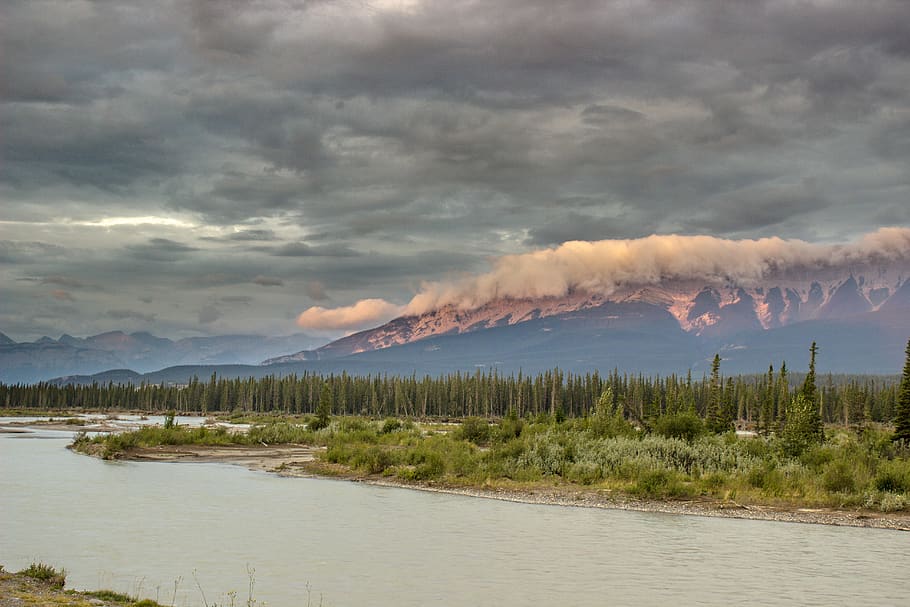 rocky mountains, clouds, canada, lake, trees, river, cloud - sky HD wallpaper