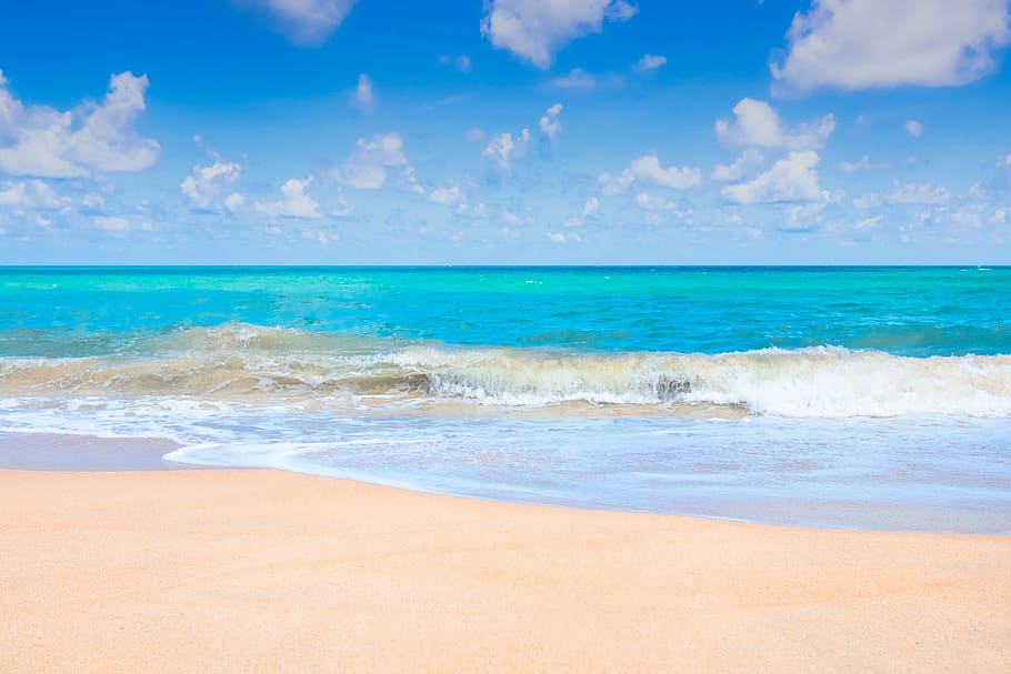 Brown Sand Beach Near Blue Ocean, clouds, idyllic, nature, scenic HD wallpaper