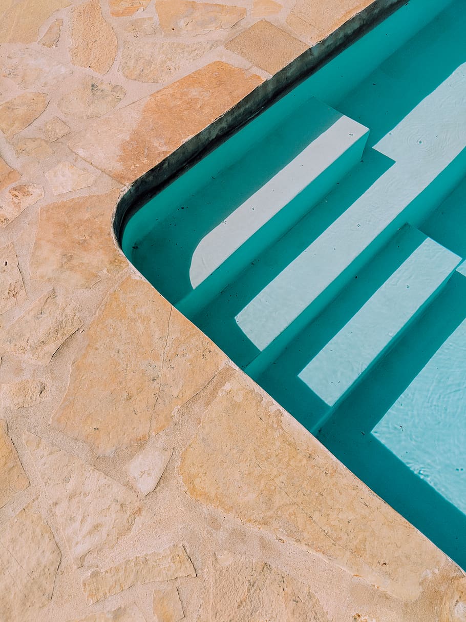 blue swimming pool, no people, high angle view, day, green color HD wallpaper