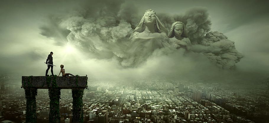 fantasy, apocalypse, dramatic, city, mischief, light, smoke, HD wallpaper