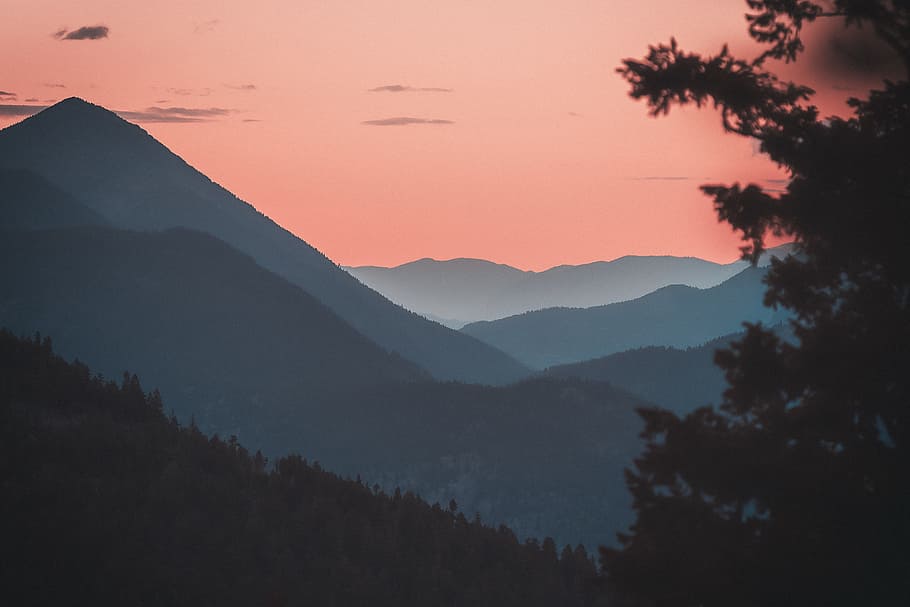 mountain, forest, tree, mountain ridge, sky, sunset, pink, nature, HD wallpaper