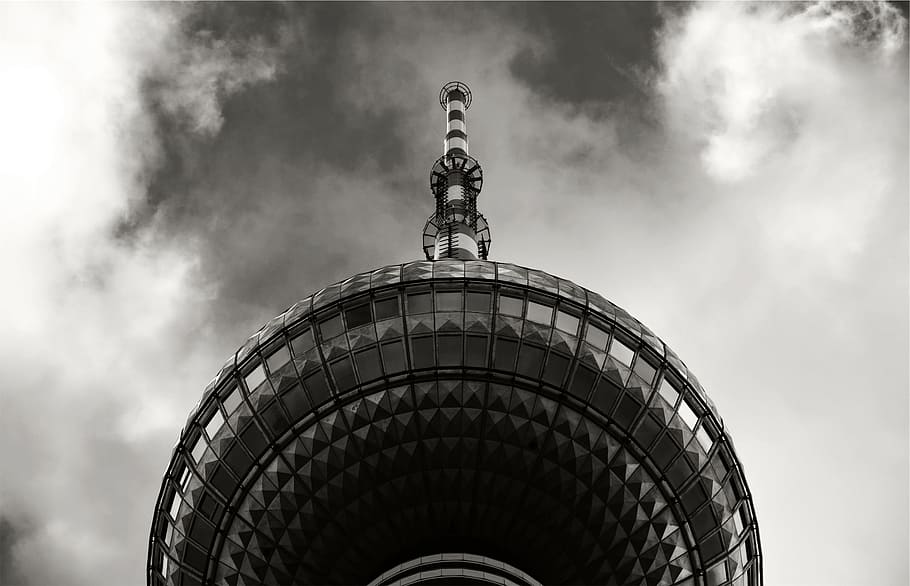 sky, clouds, tower, architecture, black and white, sculpture HD wallpaper