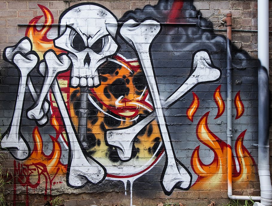 street, street art, graffiti, graffiti art, skull, bones, flames, HD wallpaper