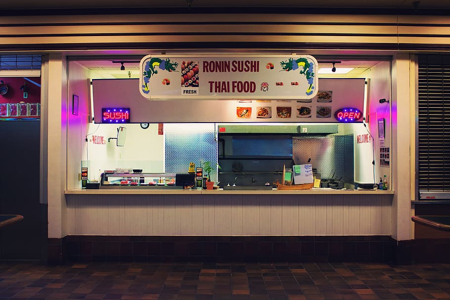 Ronn Sushi storefront at night, restaurant, food, cafeteria, food court, HD wallpaper
