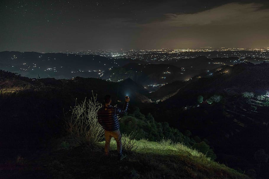 india, chamba, night, sky, citylights, stars, mountain, beauty in nature, HD wallpaper