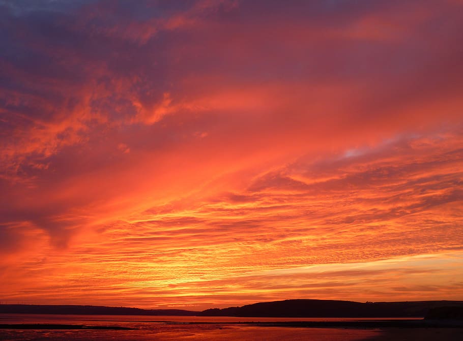 Mountains Under Red Skies, clouds, landscape, light, nature, sky HD wallpaper