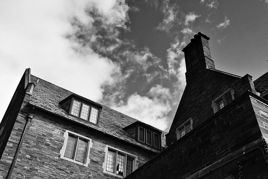 Grayscale Photo of House, architecture, building, chimney, clouds HD wallpaper