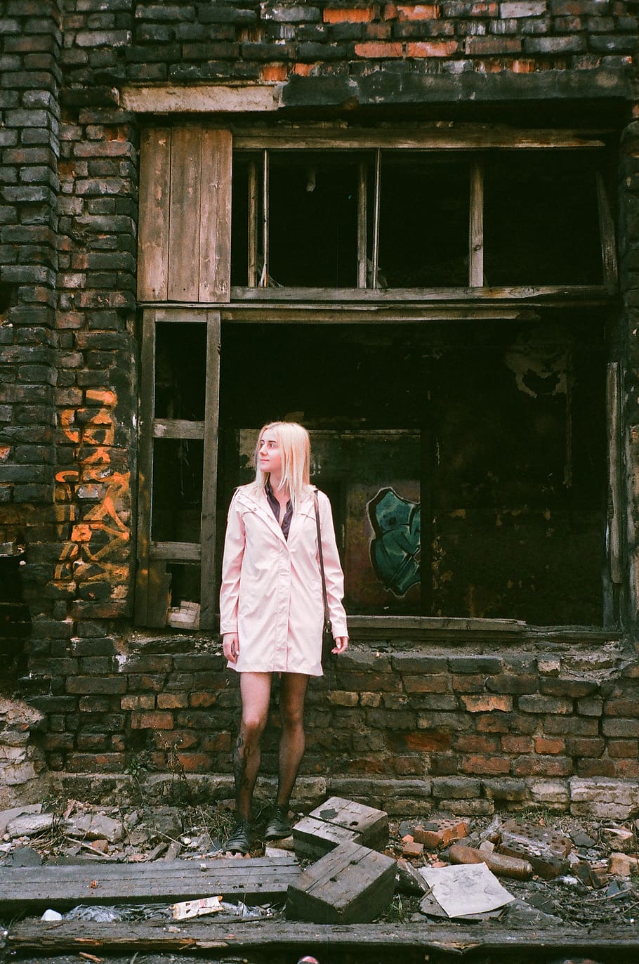 Woman Wearing White Dress Standing Beside Concrete Wall, abandoned HD wallpaper