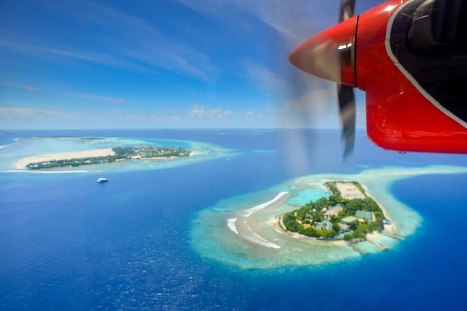 Aerial Photography of Red Plane, beach, close-up, daytime, engine HD wallpaper