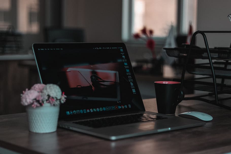 Macbook on Table Beside Mug in Shallow Focus Photography, apple mouse HD wallpaper
