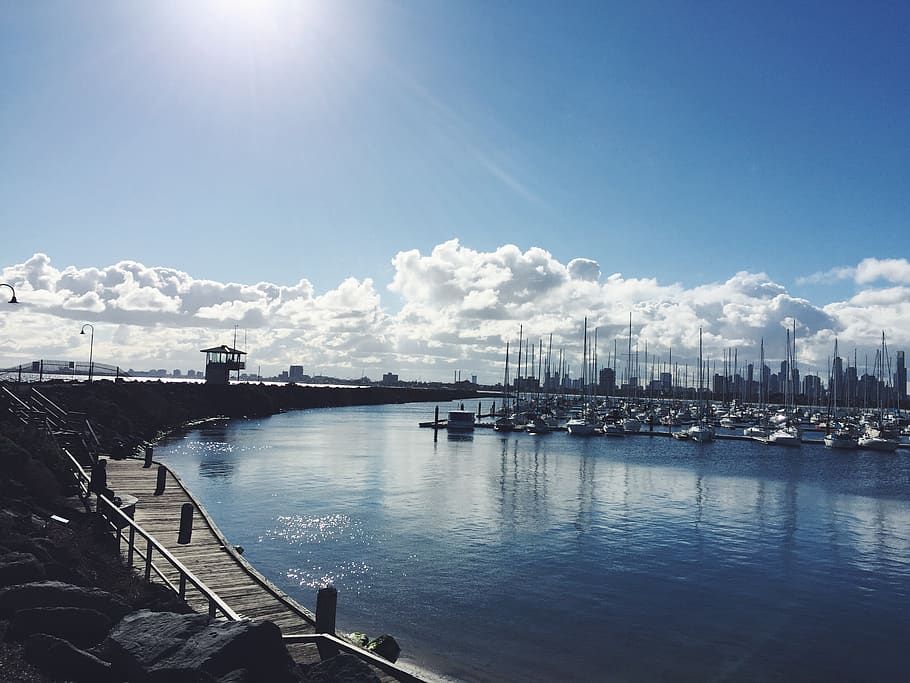melbourne, australia, sky, see, ship, harbor, water, architecture HD wallpaper
