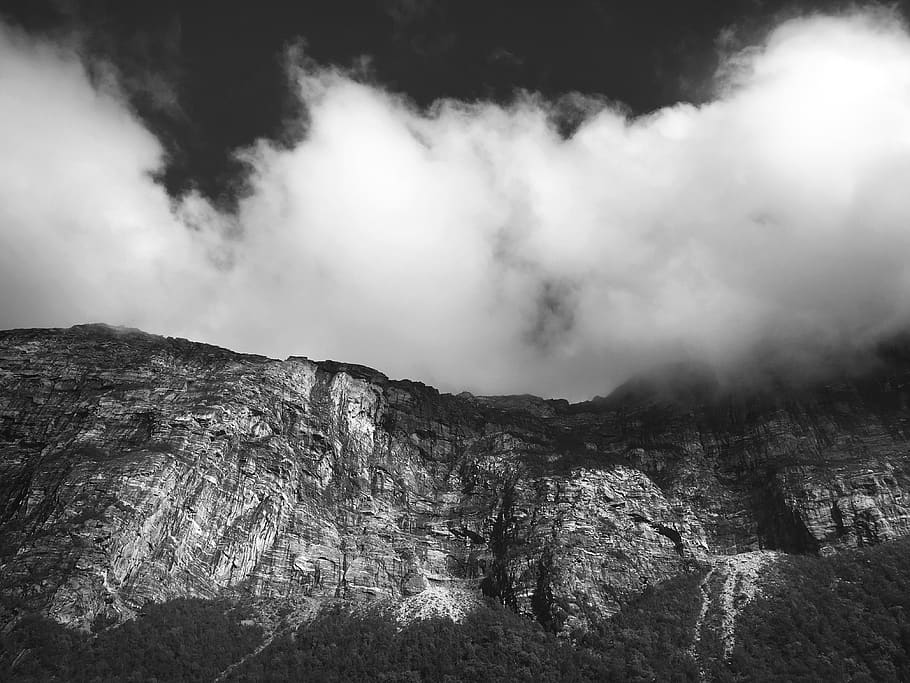 norway, langsanden, mountain ridge, cloudscape, black and white HD wallpaper