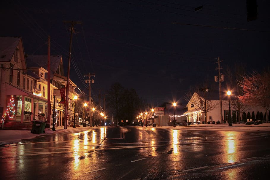 night, street, streetlamp, streetlight, reflection, winter, HD wallpaper