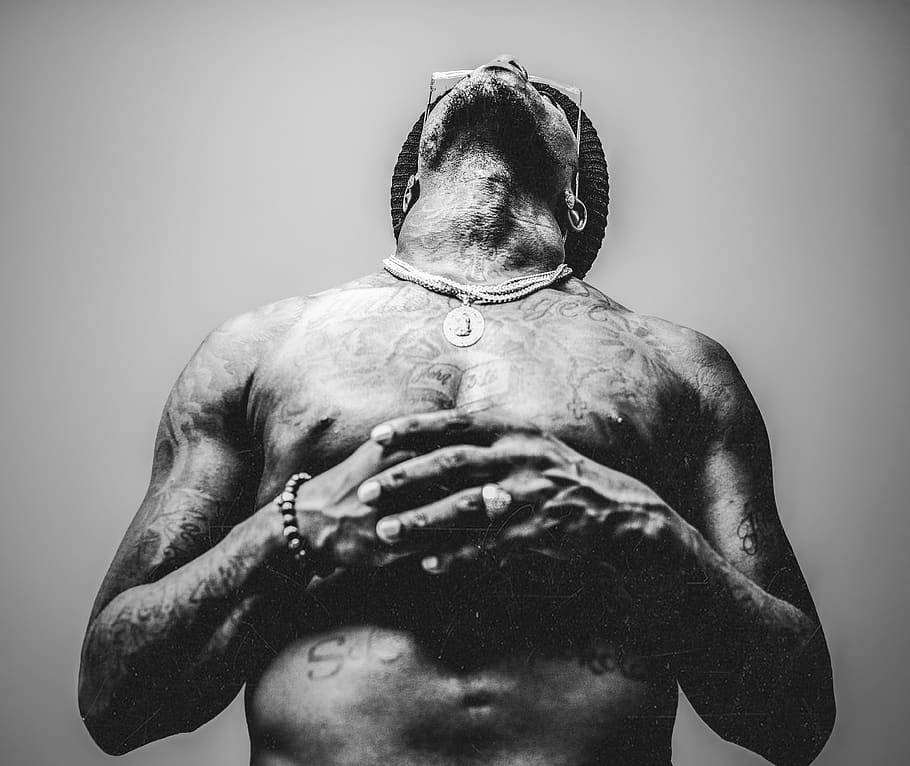 man facing upward, shirtless, one person, studio shot, indoors HD wallpaper