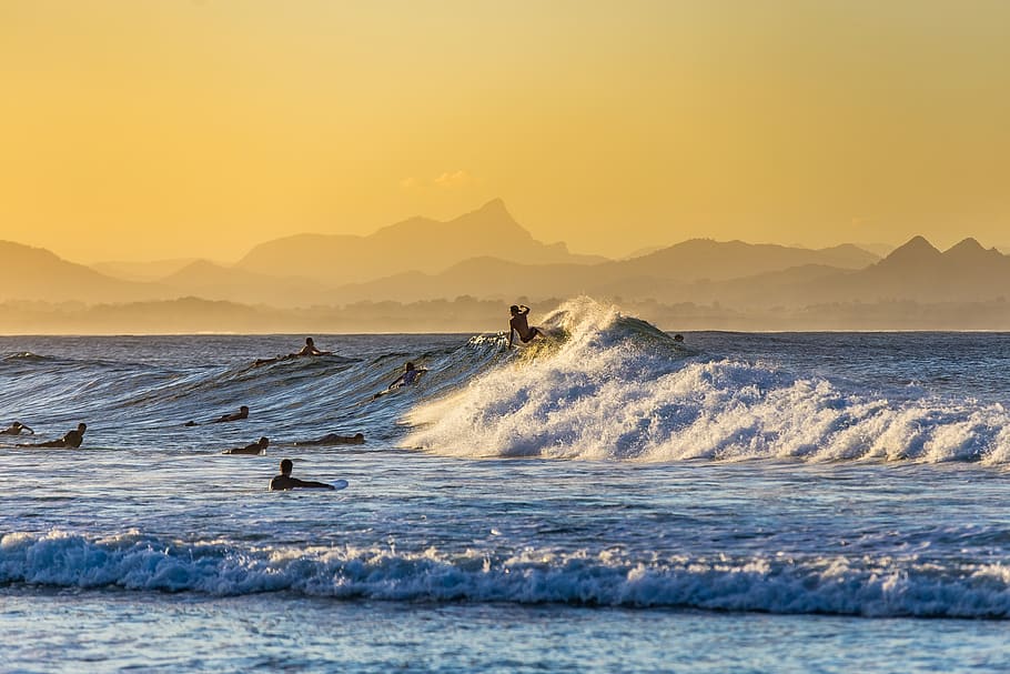 surfing, surfer, sea, wave, water, ocean, beach, nature, sunset, HD wallpaper