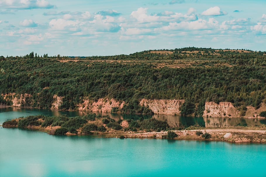Cliffs Covered by Trees Near at Body of Water, blue sky, clouds HD wallpaper