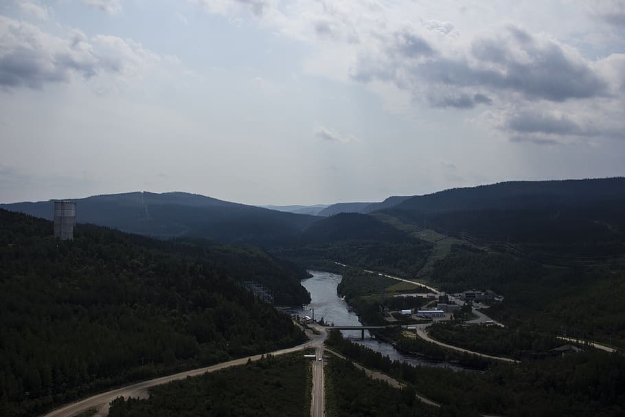 canada, manic-cinq, river, forest, dam, quebec, trees, mountain HD wallpaper