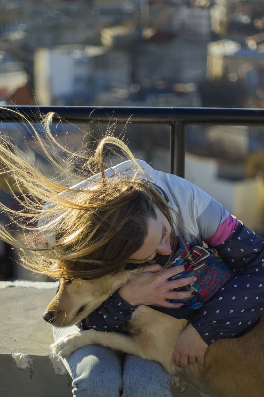 girl, hair, windy, dog, golden retriever, love, emotion, indie