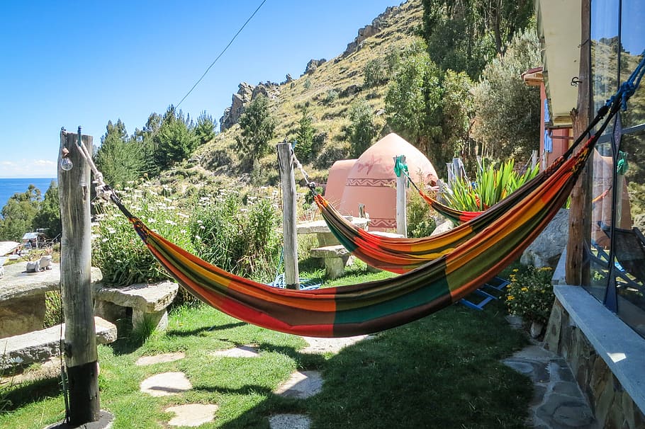 hammocks, Las Olas Suites, Copacabana, Bolivia, relaxing, chilling, HD wallpaper