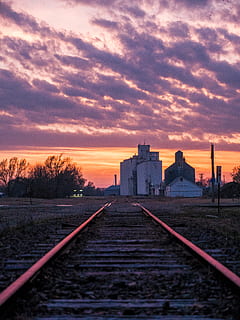 sunset, grain elevator, railroad, tracks, sky, cloud - sky HD wallpaper