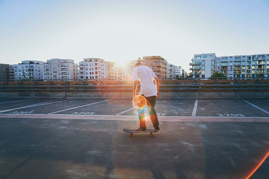 buildings, structure, condominium, people, man, skateboarding HD wallpaper